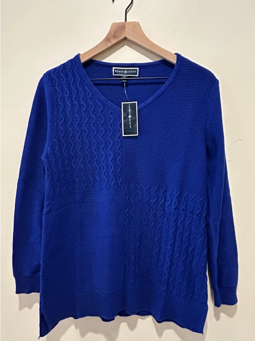 NWT Karen Scott Bright Blue Mixed Knit Textured Long Sweater - Women’s Small